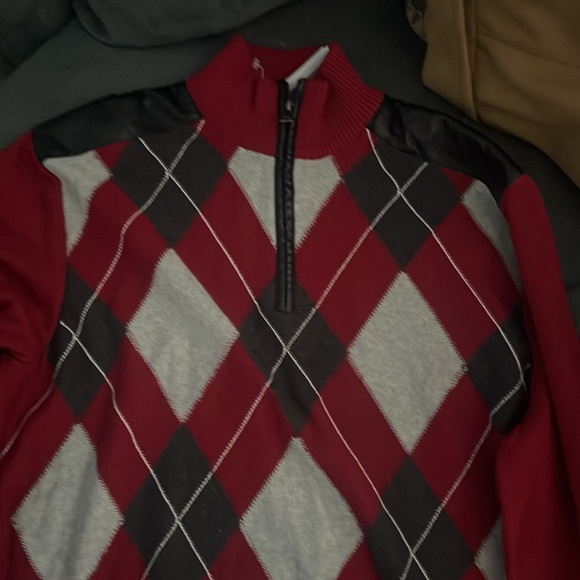 Men's XL INC novelty sweater bright rhubarb, faux leather shoulders, semi-zip - Picture 2 of 6